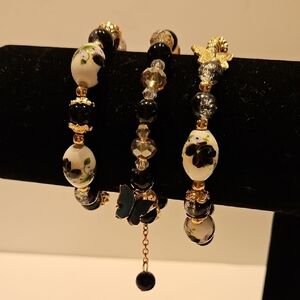 3 Black, White & Goldtone Butterfly Beaded Stretch Bracelet Set